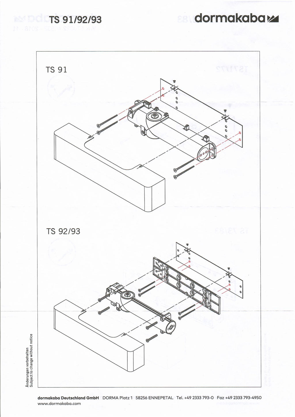 Technical assembly diagram for Dormakaba TS 91/92/93 mounting hardware, showing exploded views of components with red-drawn fastener lines on a white background.