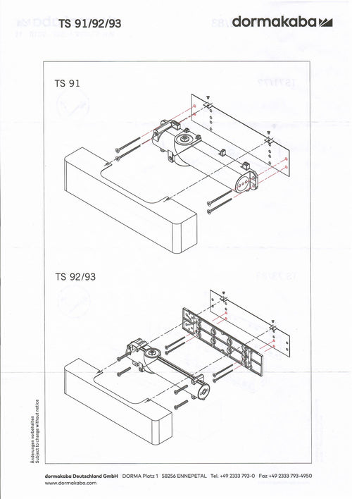 Technical assembly diagram for Dormakaba TS 91/92/93 mounting hardware, showing exploded views of components with red-drawn fastener lines on a white background.