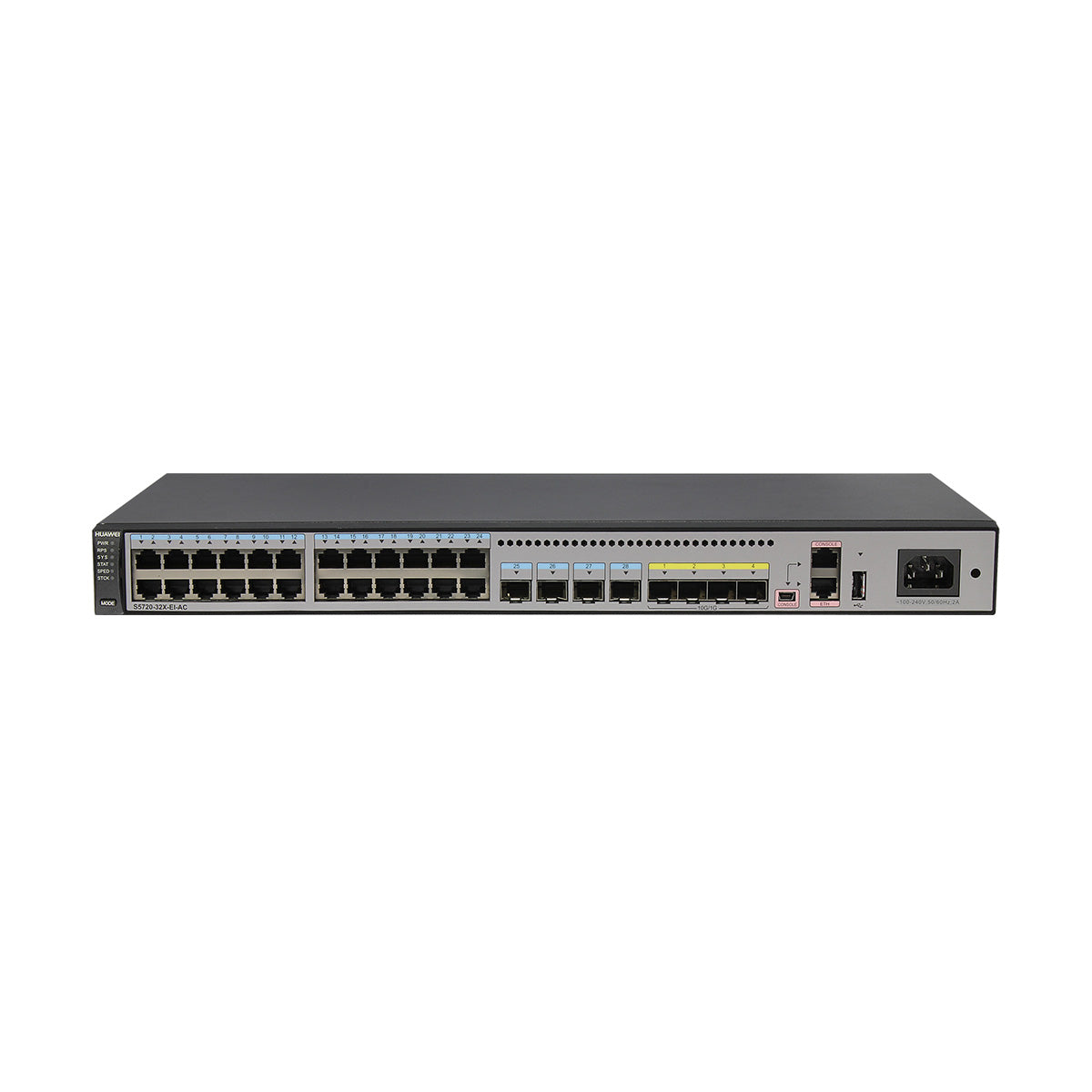 Huawei S5720-32X enterprise switch with 24xGE, 4xSFP, and 4x10GE SFP+ ports supporting iStack network scaling.