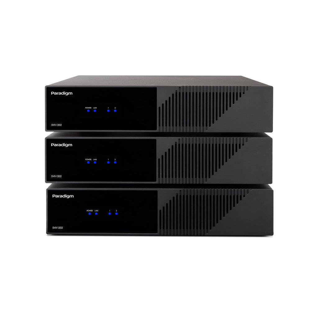 Paradigm SVX-1202 2-channel 2400W streaming amplifier, featuring ARC room correction and rack-mount chassis for custom audio