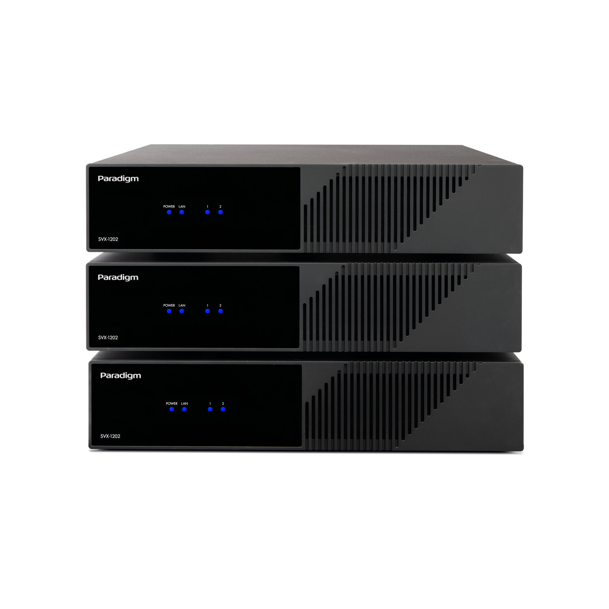 Paradigm SVX-1202 2-channel 2400W streaming amplifier, featuring ARC room correction and rack-mount chassis for custom audio