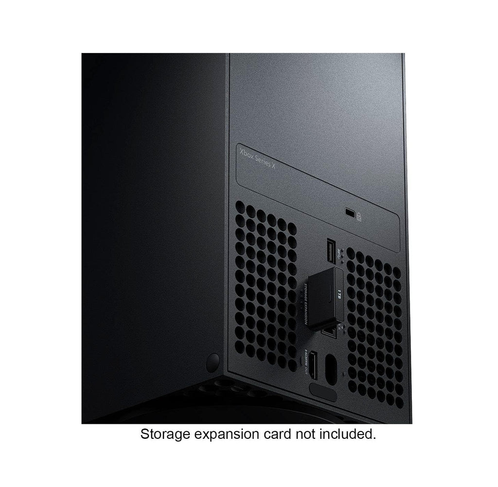 Back view of a gaming console with ports and text indicating storage expansion card not included.
Xbox Series X Microsoft gaming console and controller on a white background