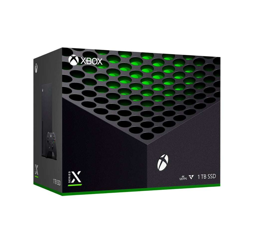 Xbox Series X Microsoft gaming console and controller in the original box on a white background