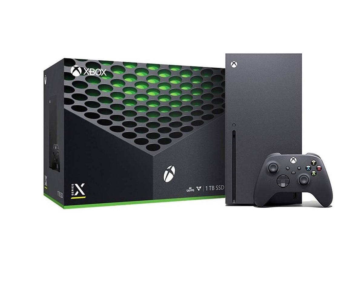 Xbox Series X Microsoft gaming console and controller on a white background