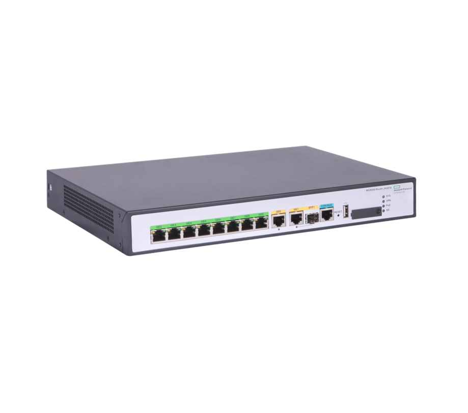 HPE FlexNetwork MSR958 JH301A router front view showing 8 LAN and 2 WAN ports front view